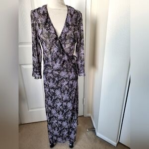 Y2K Cinnamon Girl Black Sheer Wrap Dress Lavender Flowers Women's Size S/M